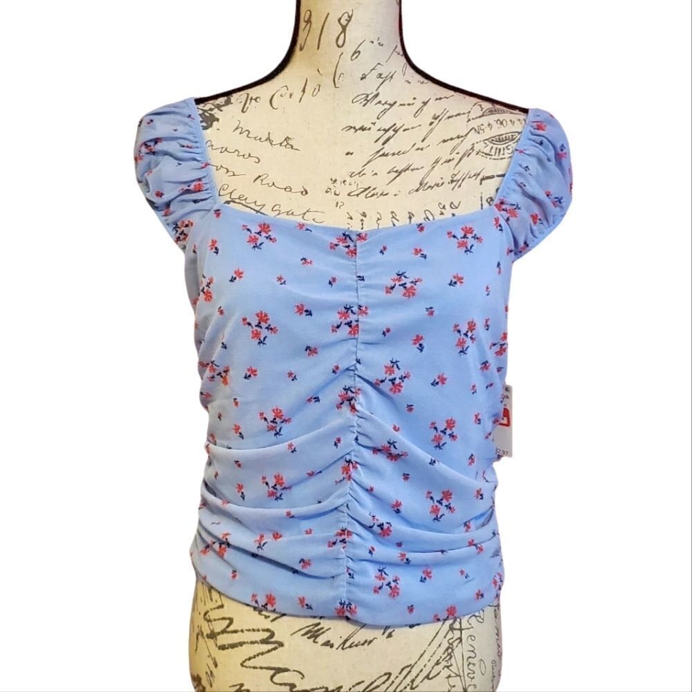 Abound Ladies Size Large Blue Floral Print Ruched Short Sleeve Blouse